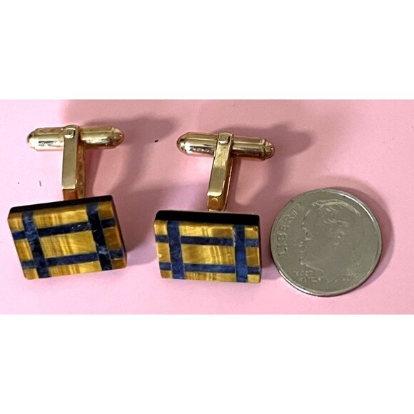 Hayward Gold-Plated Rectangular Cufflinks With Tigers Eye & Lapis Lazuli Inlay - Picture 3 of 4